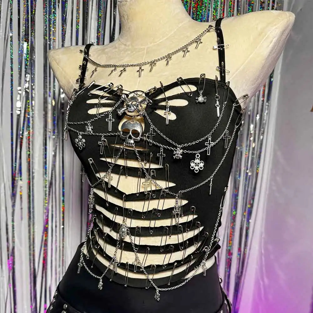 Women's Y2K Gothic Cross Crop Top Emo Grunge Punk Tank Egirl 90s Style Sexy Black Goth ALT T-Shirt for Festival Rave Party Wear