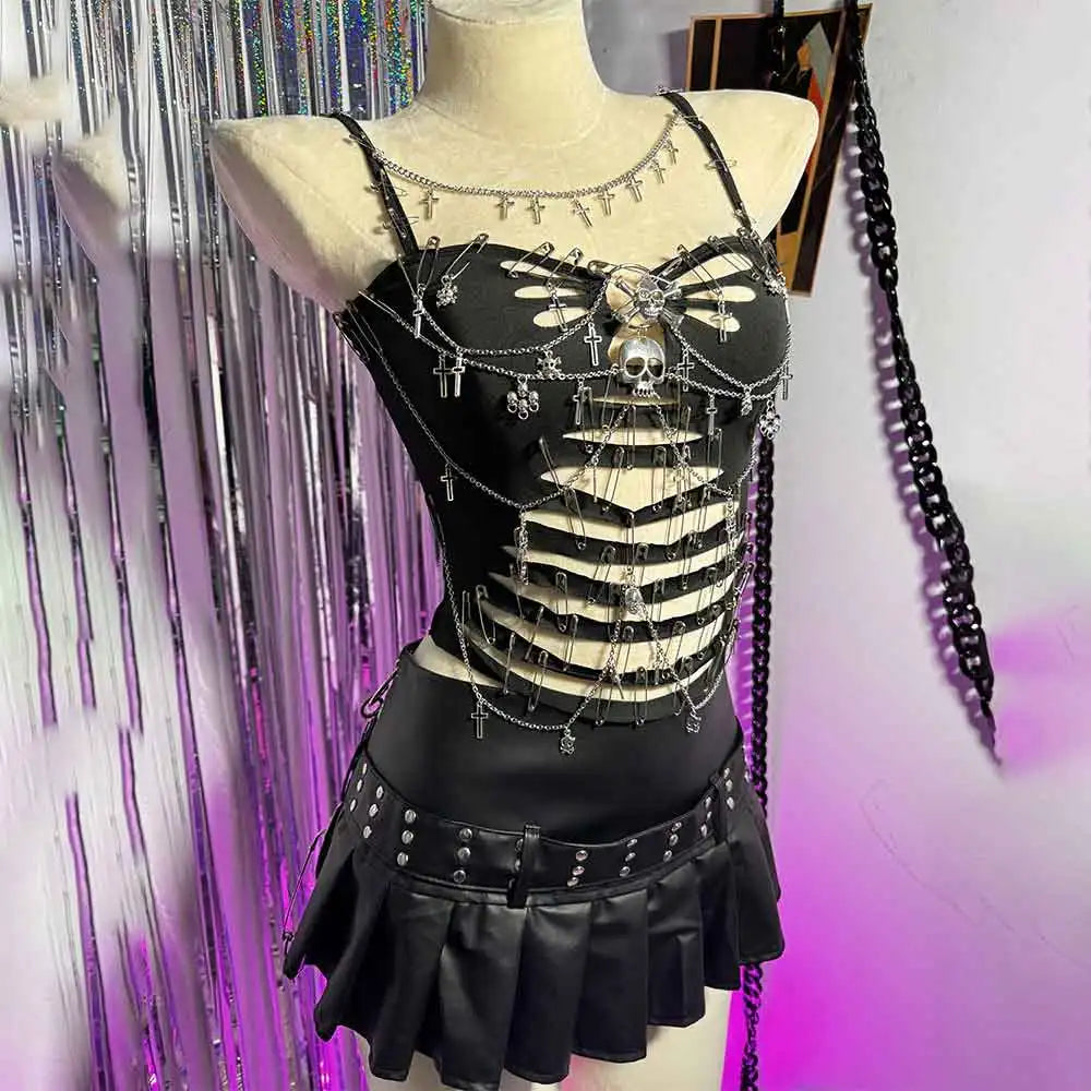 Women's Y2K Gothic Cross Crop Top Emo Grunge Punk Tank Egirl 90s Style Sexy Black Goth ALT T-Shirt for Festival Rave Party Wear