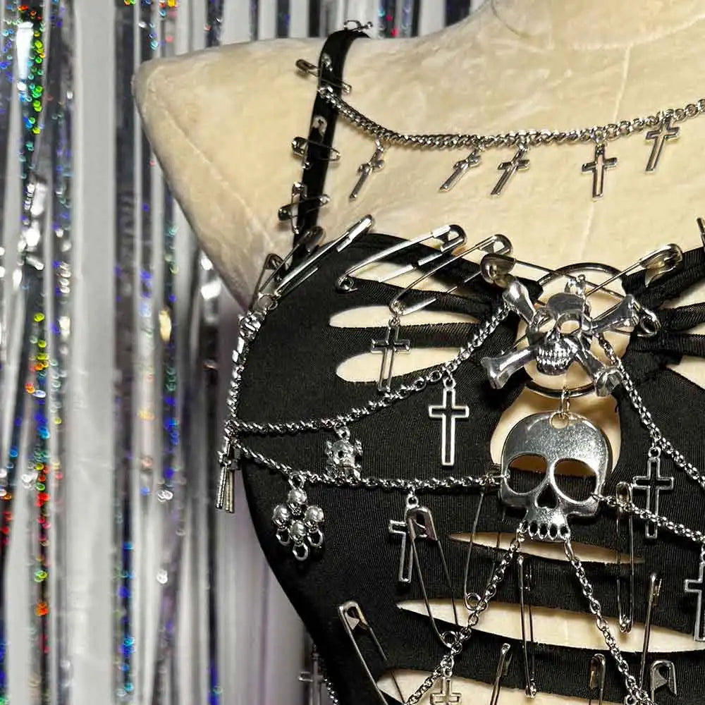 Women's Y2K Gothic Cross Crop Top Emo Grunge Punk Tank Egirl 90s Style Sexy Black Goth ALT T-Shirt for Festival Rave Party Wear