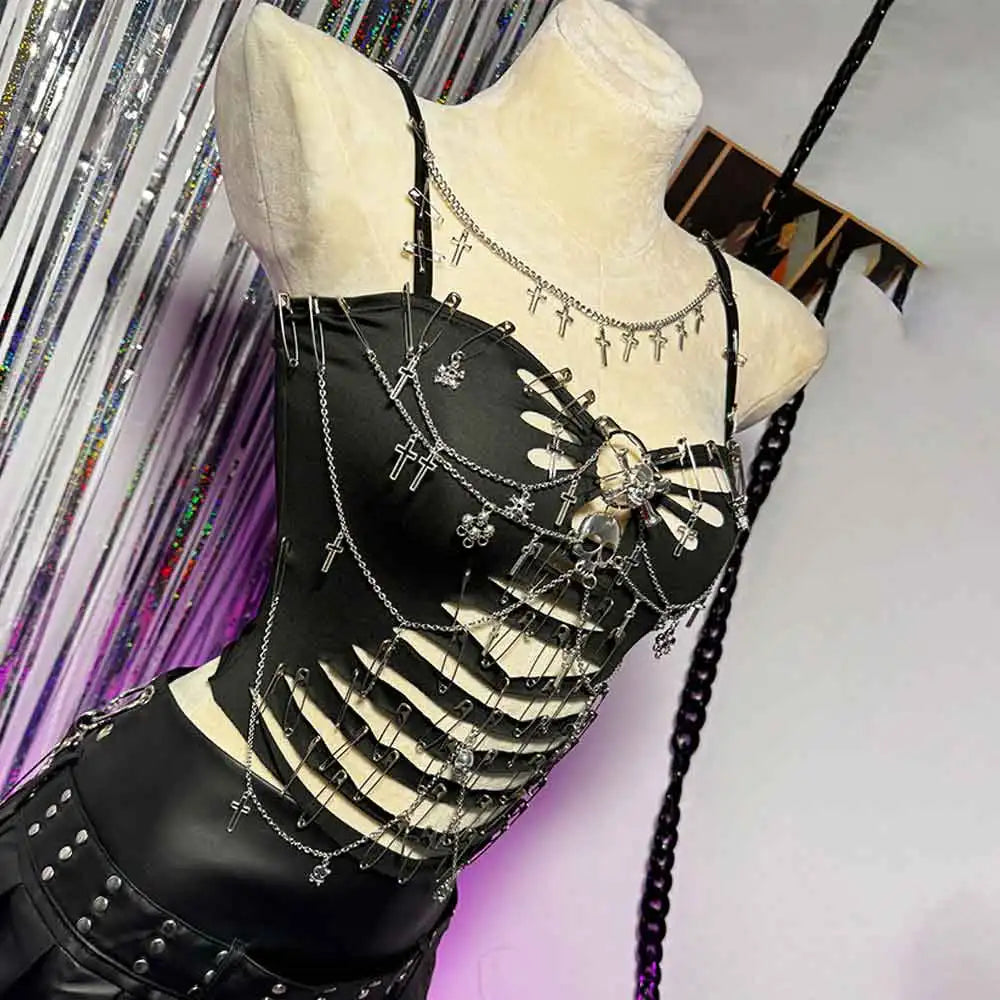 Women's Y2K Gothic Cross Crop Top Emo Grunge Punk Tank Egirl 90s Style Sexy Black Goth ALT T-Shirt for Festival Rave Party Wear